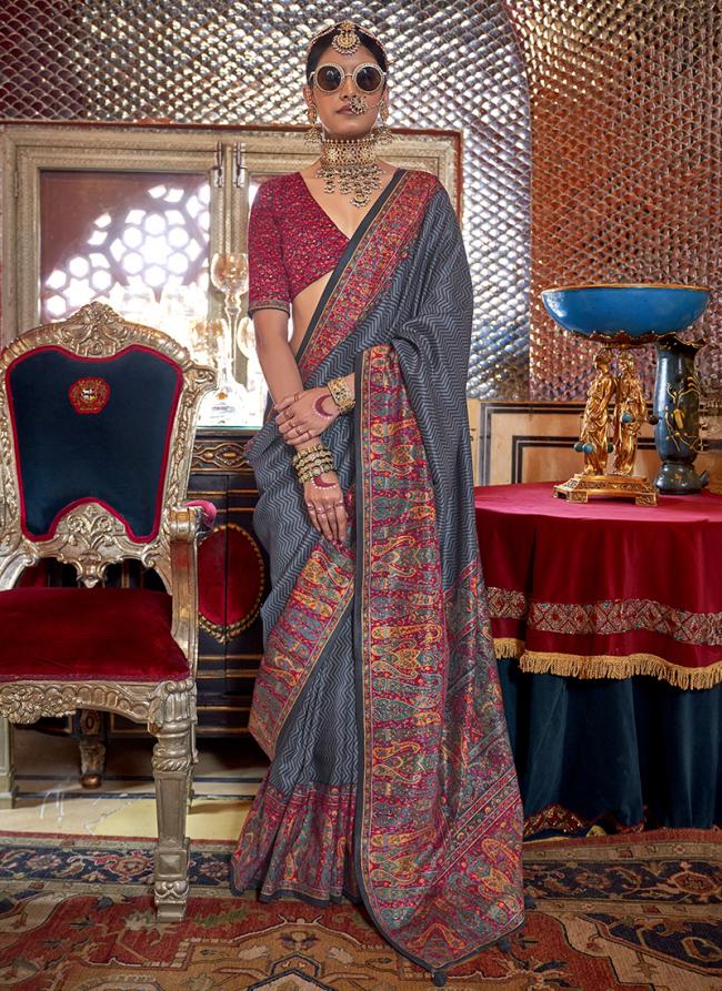 Silk Grey Festival Wear Printed Saree